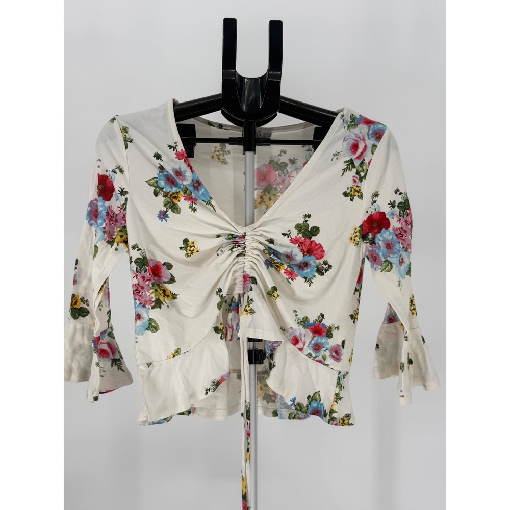 Iris Floral Ruched Tie Front Top Women L Coquette Fairycore Cottagecore Peplum